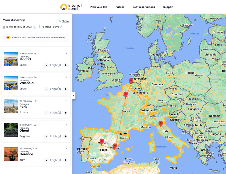 Interrail map of Europe with points plotted in Italy, Belgium, France, and Spain