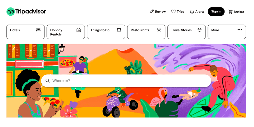 Tripadvisor homepage featuring a search bar against a background of bright, colorful illustrations of people surfing, eating, and quad biking