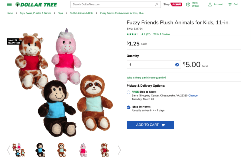 Dollar Tree plush animals product page