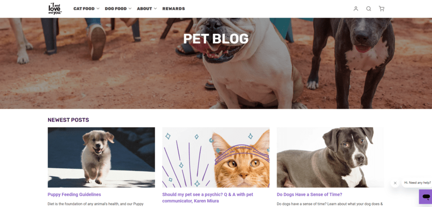 Pet blog page on I and Love and You's website