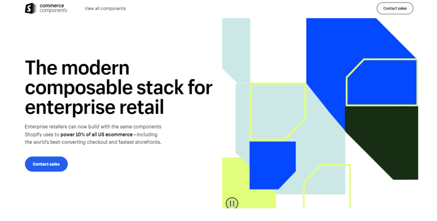 Homepage for Shopify's ecommerce solution, Commerce Components featuring a button to contact sales