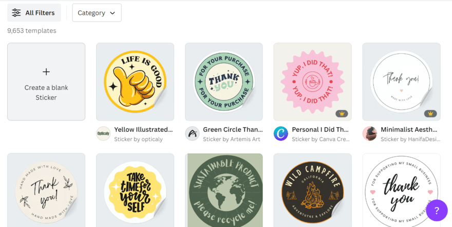 Grid of nine sticker templates on Canva