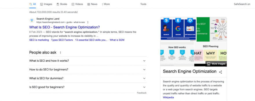 Google search results page for the term "what is SEO" showing a linked wbpage, FAQs, and definition