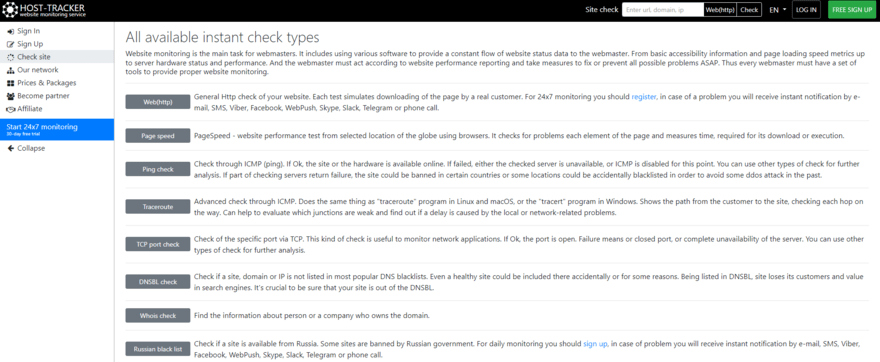 Host Tracker homepage showing different checks you can run