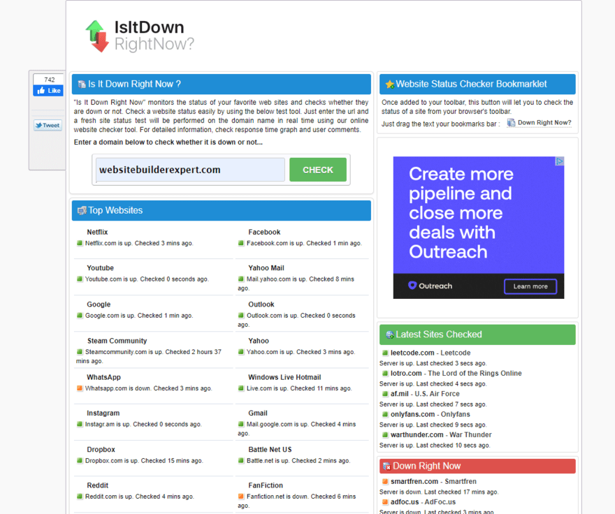 IsItDownRightNow homepage showing popular websites and their statuses