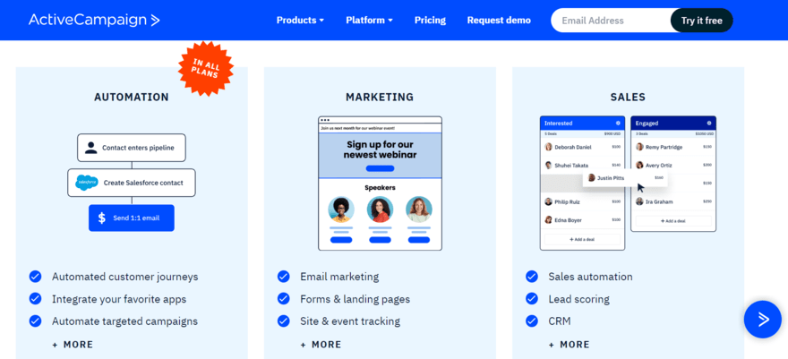 ActiveCampaign homepage showing three features