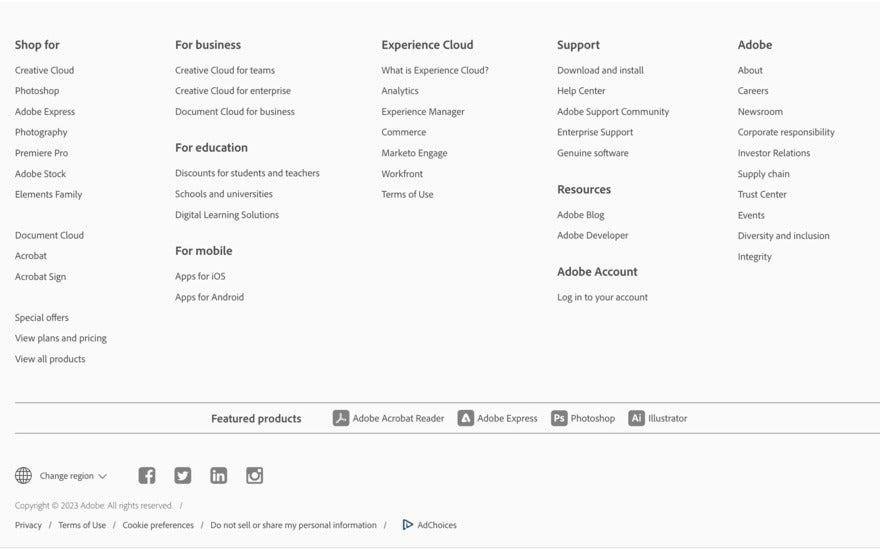 A screenshot of the Adobe website's social media links, at the bottom of the page.