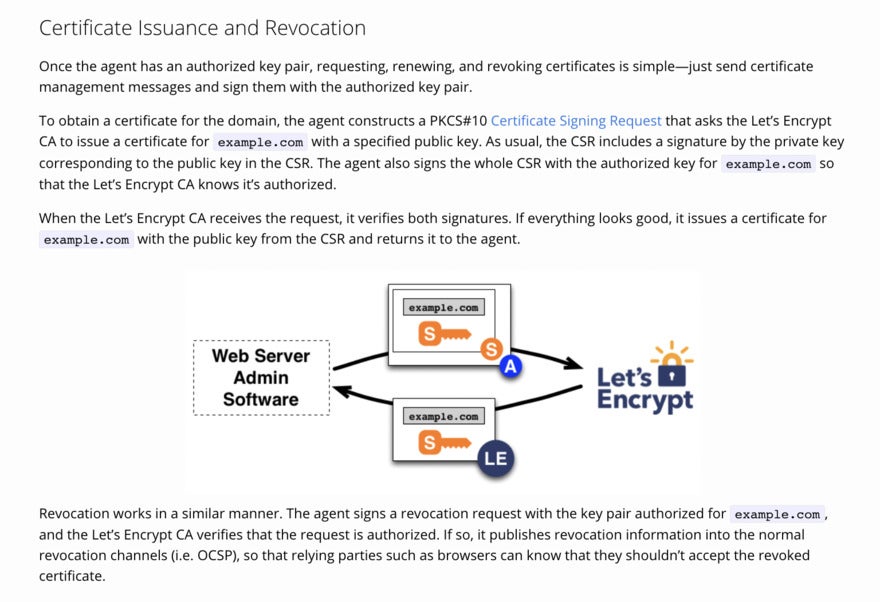 A screenshot of Let's Encrypt's site. It features a write-up about web serve admin software and a complimentary illustration.