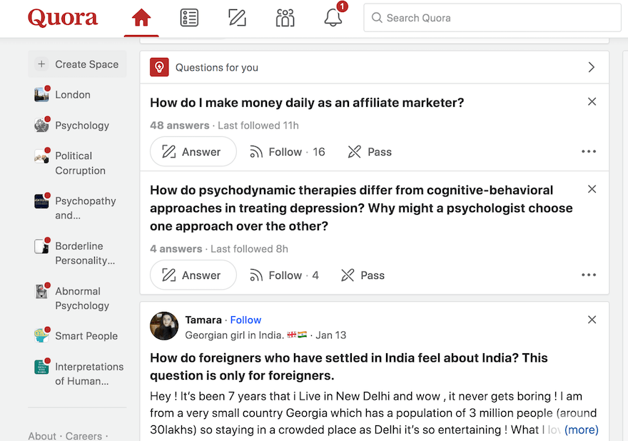 Quora homepage screenshot