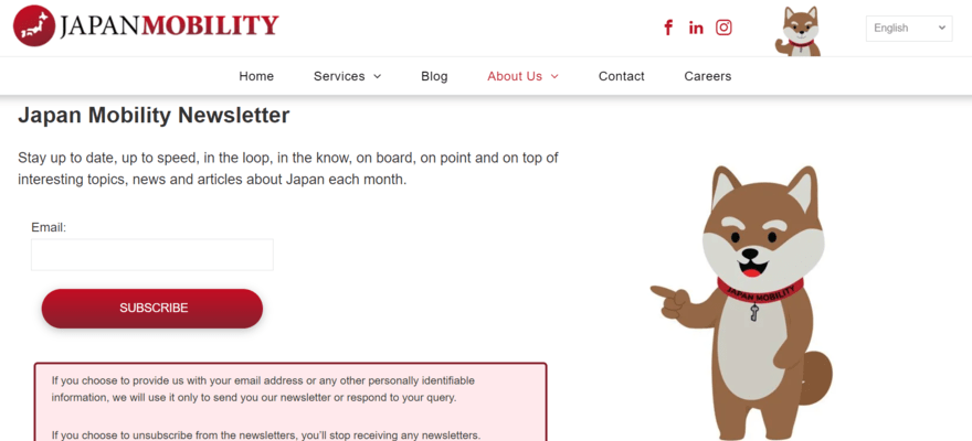 Newsletter signup page on Japan Mobility website