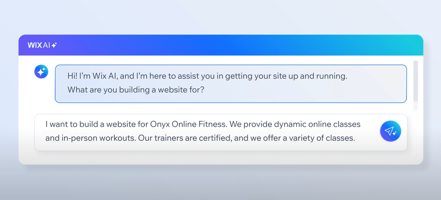 Wix AI chatbot asking what kind of site to build.
