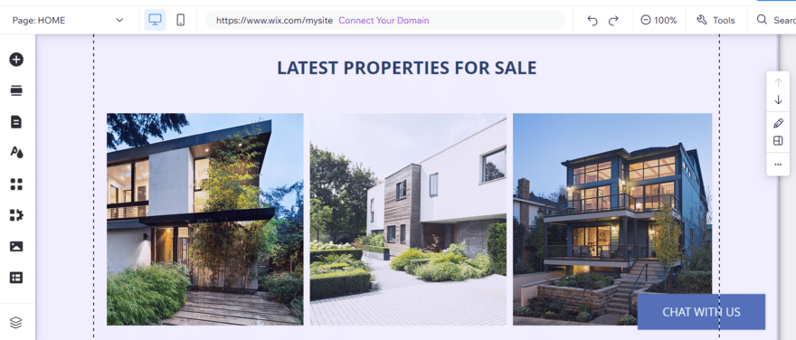 Real estate template in Wix's website builder editor, showing latest properties for sale