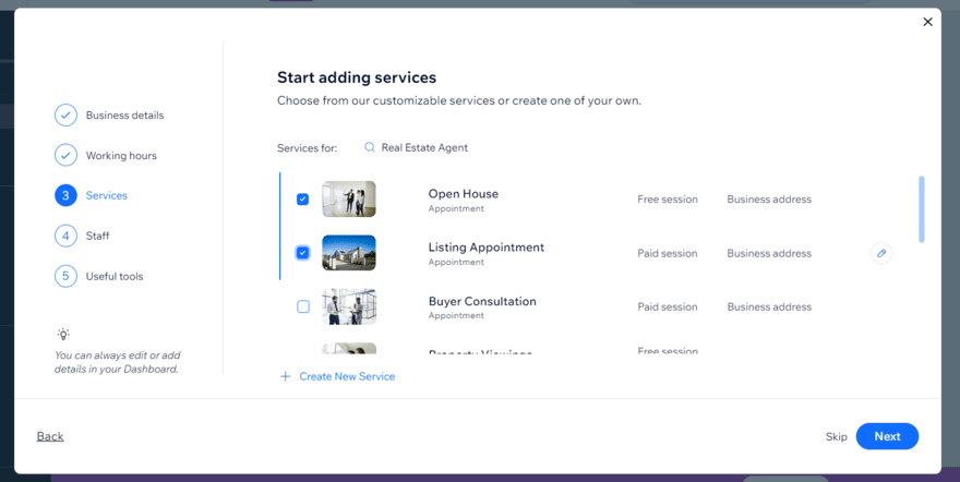 Wix onboarding form when setting up a website