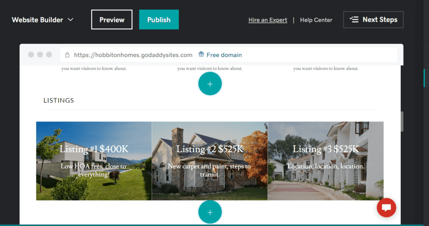 Real estate template in GoDaddy's editor