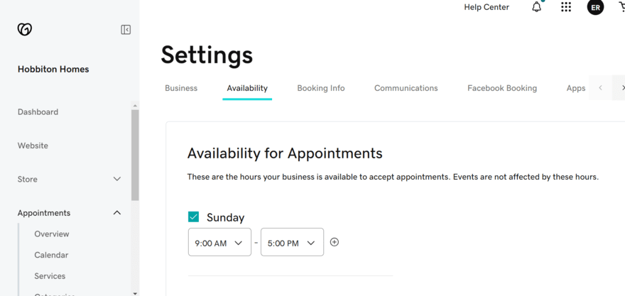 Setting appointment availability in GoDaddy's settings