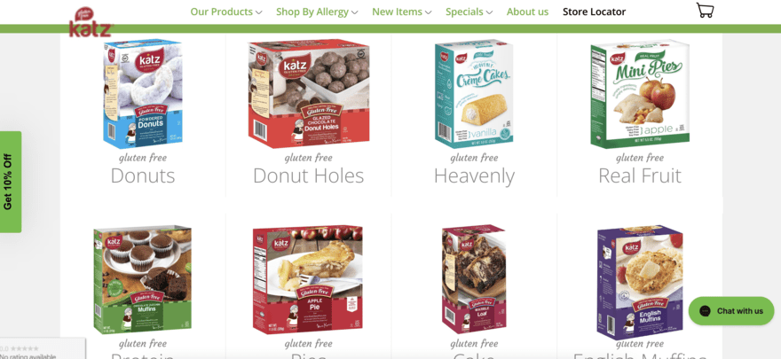 Gluten free bakery website listings showing packets of gluten-free baked goods