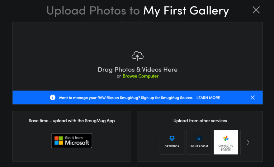 Uploading photos page on SmugMug