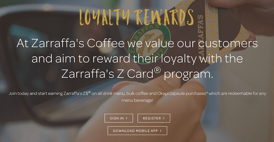 Zarraffas website screenshot