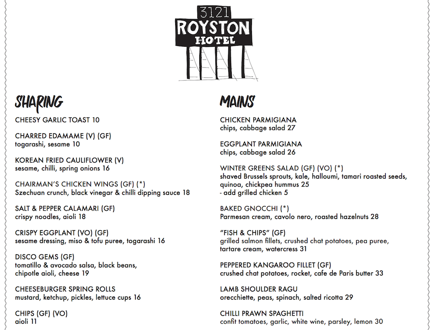 Royston Hotel menu screenshot