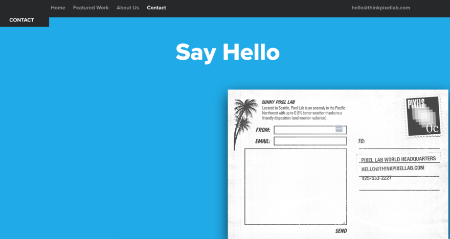 Contact us page on Pixel Lab website.