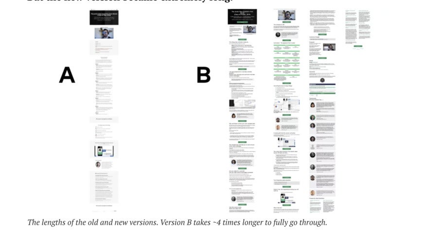 5 columns of landing pages and data next to one another.