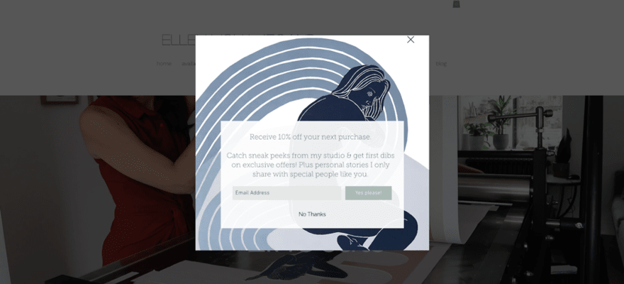 Pop up encouraging visitors to sign up to a newsletter on Ellen Von Wiegand website