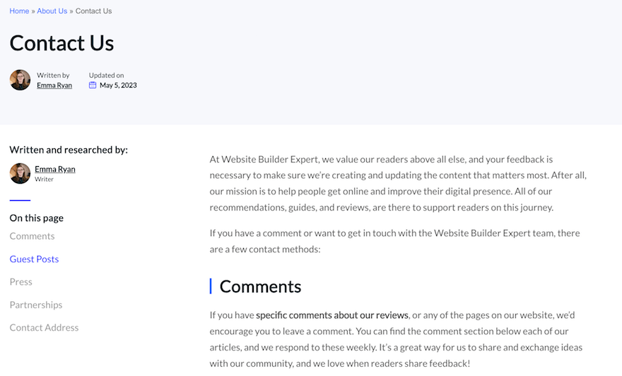 Website Builder Guide Contact Us page screenshot November 2023