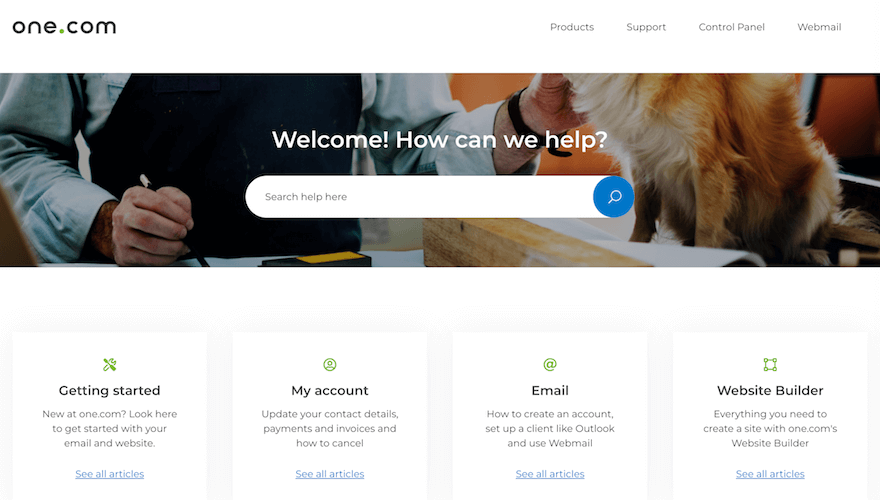 One.com customer support website screenshot