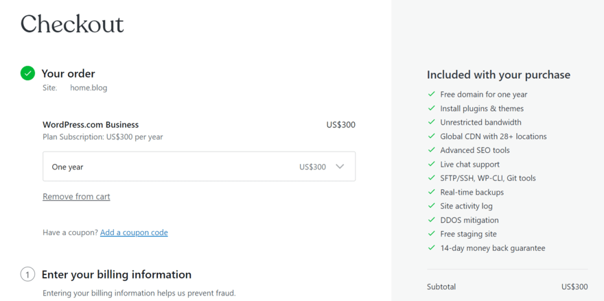 WordPress.com Business plan checkout page