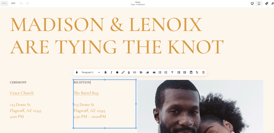 Squarespace's website editor with a text box selected