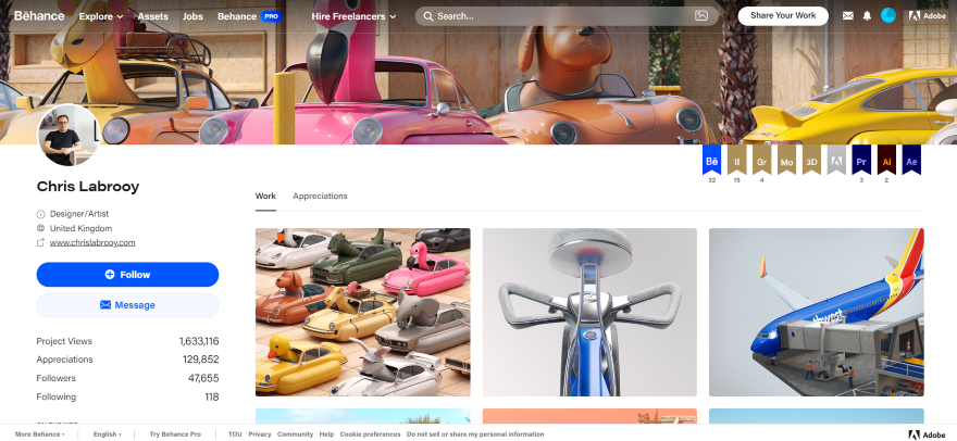 Screenshot of Chris Labrooy's Behance profile featuring profile views and graphic design works