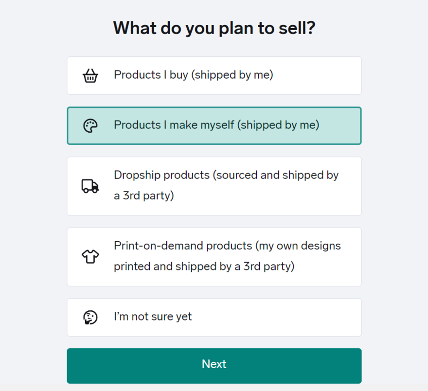 Big Cartel onboarding page with the question "What do you plan to sell?" with multiple choice options below