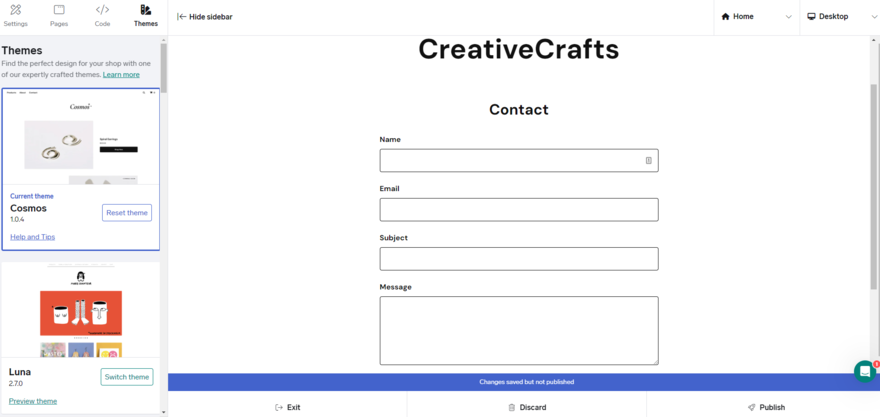 A blank white page with a blank and white contact form. In the Big Cartel editor, it shows other theme options in the left-hand sidebar