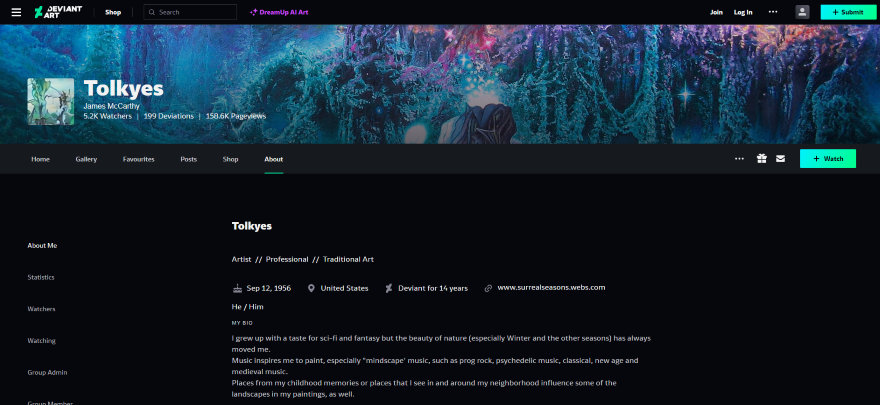 Screenshot of Tolkyes' DeviantArt profile showcasing his bio and account info.