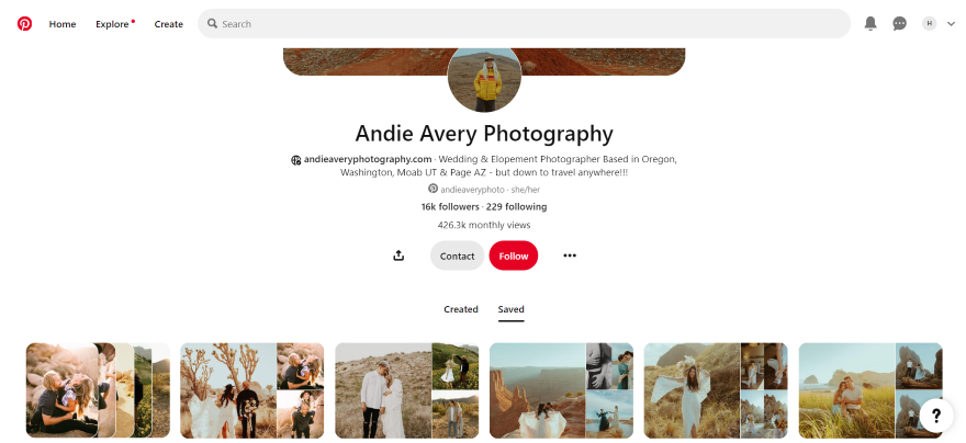 Screenshot of Andie Avery Photography's Pinterest board showcasing her