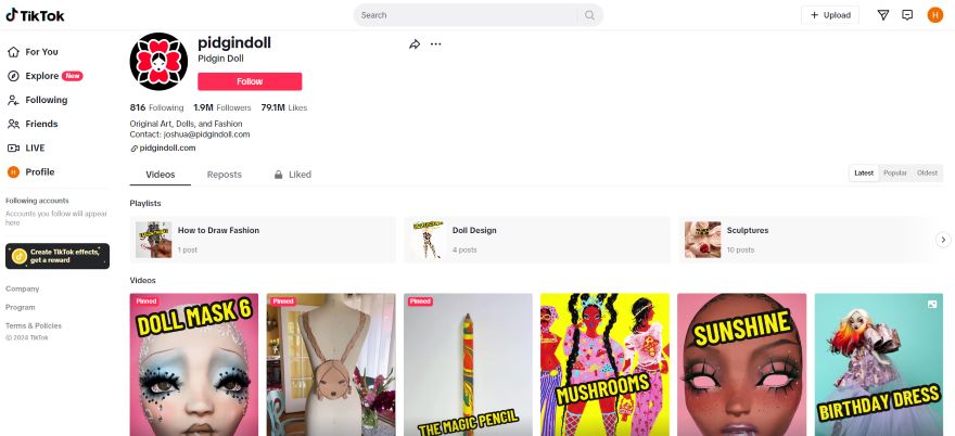 Screenshot of Pigdin Doll's TikTok page displaying his icon, bio, and latest videos.