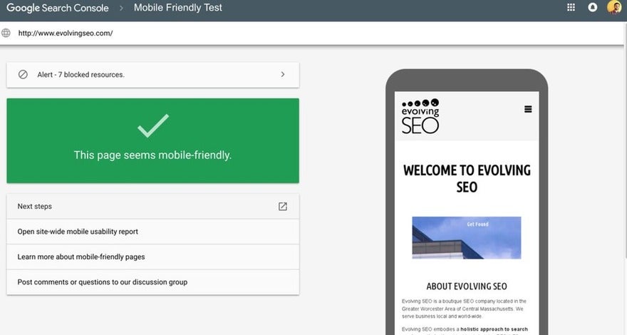 Google Search Console Mobile Friendly Test result showing 'This page seems mobile-friendly' for the website evolvingseo.com, with an alert for 7 blocked resources.