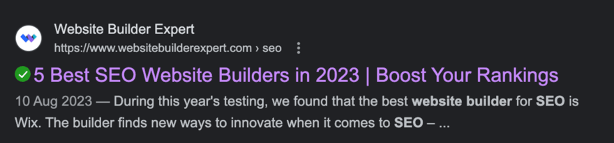 Search result snippet from Website Builder Guide with the title '5 Best SEO Website Builders in 2023 | Boost Your Rankings' dated 10 August 2023, mentioning Wix for SEO innovation.