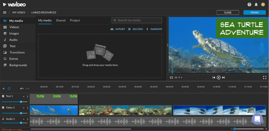 Screenshot of the WeVideo editing interface displaying a project titled 'Sea Turtle Adventure' with a preview window and a timeline containing video and audio tracks.