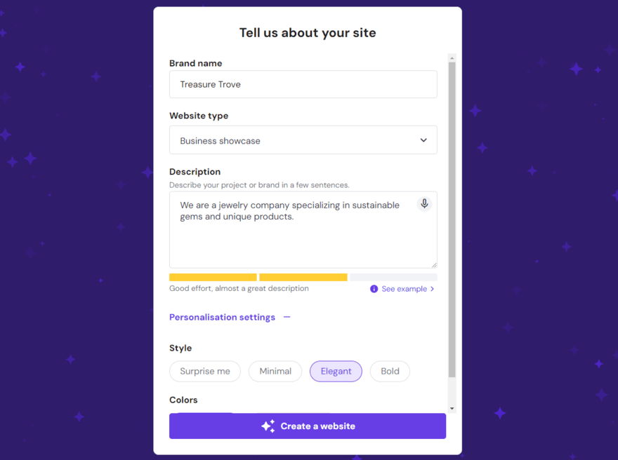 Hostinger AI builder form to help create a website