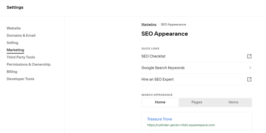 Squarespace SEO appearance settings