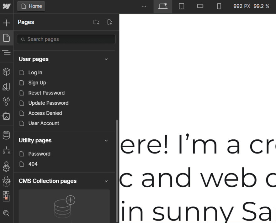 Webflow user pages in website editor