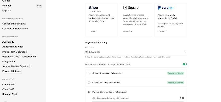 The Acuity “Payment Settings” page, displaying the three different payment processor integrations available, plus various payment rules we could implement.