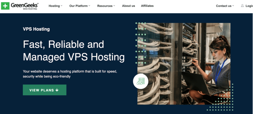 GreenGeeks VPS Hosting advert with a technician working on servers, emphasizing fast, reliable, and eco-friendly managed services.