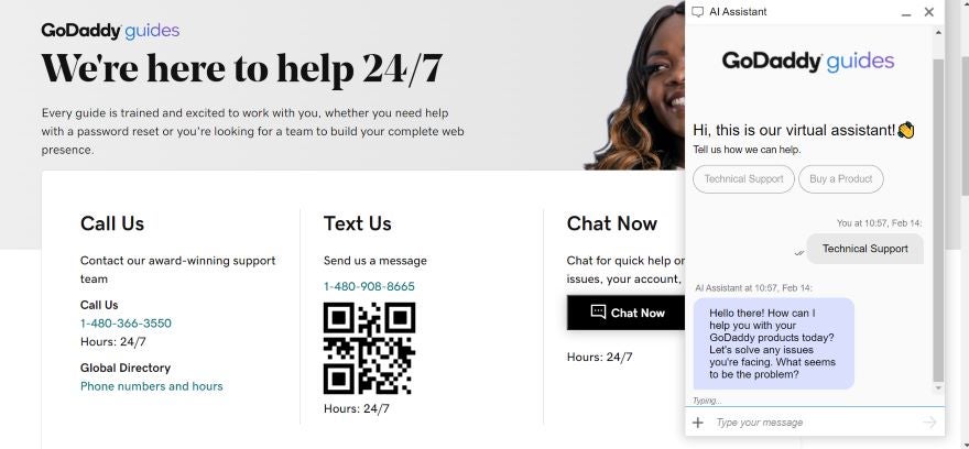 Screenshot of GoDaddy's 24/7 live chat.