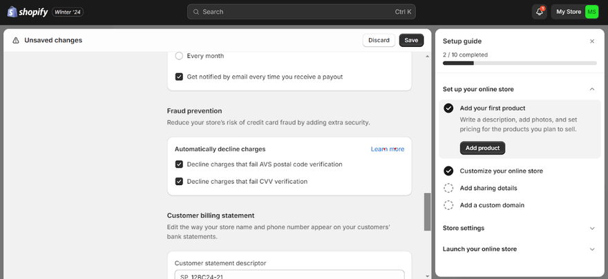 Shopify Payments fraud detection tool setup guide in progress