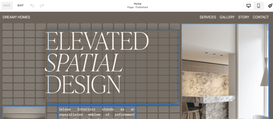 Squarespace editor in action, an element is dragged showing the gridline guidelines