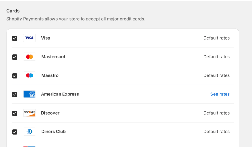 Shopify Payments card options
