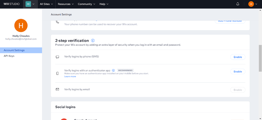 Wix security settings in the dashboard for setting up 2-step verification