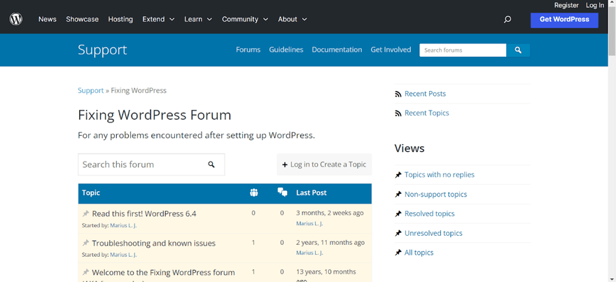 WordPress commuity forum showing support posts